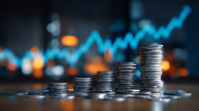 Stacks of coins with a digital graph background symbolizing financial growth and success in the business sector.