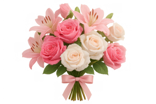 Romantic pink and white flower bouquet with roses and lilies, tied with a ribbon, featuring a transparent background