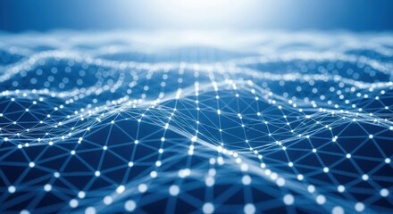 Abstract digital network grid with glowing blue nodes and lines creating a futuristic wave pattern representing data flow, technology, and connectivity in a dark blue environment