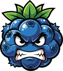 Fierce cartoon blueberry mascot with an angry face sharp teeth and green leaves on top.