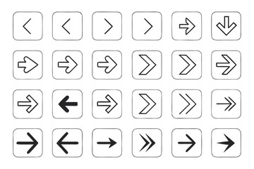 Assortment of arrow icons in different shapes and styles on a white background direction