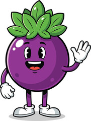 Friendly purple mangosteen cartoon mascot with a happy face and green leaves waving its gloved hand.