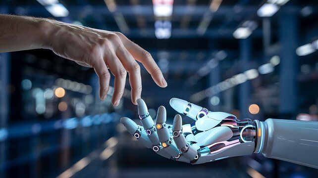 Human hand reaching out to touch robotic hand symbolizing connection and future of artificial intelligence technology - Powered by Adobe
