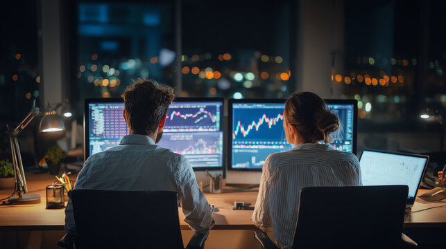 Two professionals analyze financial data on computers in a modern office setting during the night.