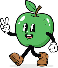 Happy green apple cartoon mascot with a face walking and flashing a peace sign gesture.