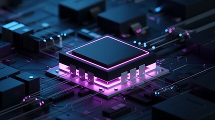 Close up of a futuristic glowing microchip processor on a dark circuit board with vibrant neon purple and blue lights