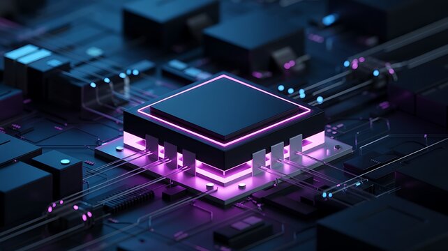 Close up of a futuristic glowing microchip processor on a dark circuit board with vibrant neon purple and blue lights