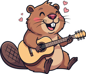 Joyful cartoon beaver with buck teeth playing a love song on an acoustic guitar smiling happily with floating pink hearts.