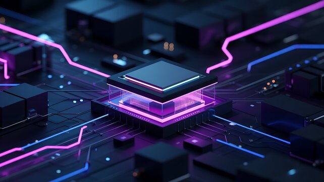 Futuristic glowing computer processor chip with vibrant neon blue and purple light trails on a dark circuit board