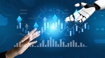 A human hand and a robotic hand reach towards each other in a futuristic digital setting, symbolizing collaboration and advancement in technology and analytics. Scalp