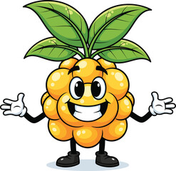 Smiling yellow cloudberry cartoon mascot with a big grin and welcoming arms.