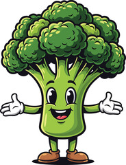 Smiling Cartoon Broccoli Mascot with Open Arms and White Gloves.