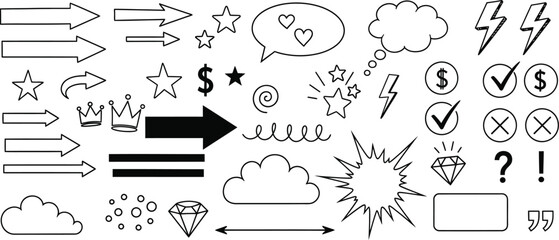 Hand drawn doodle elements arrows stars speech bubbles and symbols