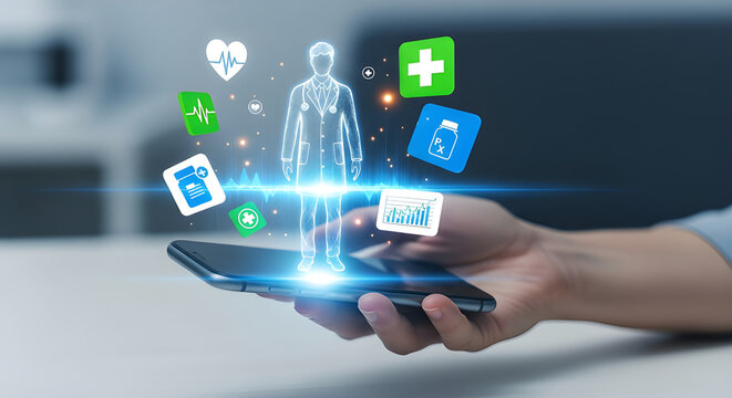 Patient care application surrounded by medical icons and digital health data symbols, representing telemedicine, AI healthcare, remote diagnosis, and virtual medical support.