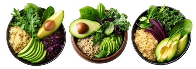 Healthy bowl of quinoa, avocado slices, and mixed leafy greens in natural style isolated on white transparent background