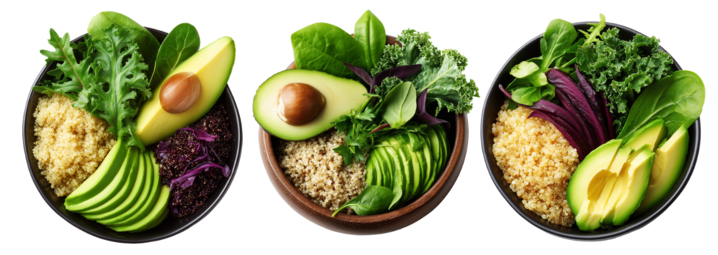 Healthy bowl of quinoa, avocado slices, and mixed leafy greens in natural style isolated on white transparent background