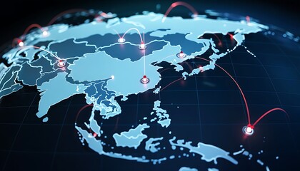 Global network connections illuminating asia and southeast asia with glowing lines and points of light on a dark background