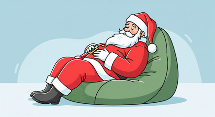 Tired Santa Claus character sleeping in a green beanbag chair after a long night of delivering presents. Christmas holiday relaxation concept illustration