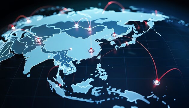 Global network connections illuminating asia and southeast asia with glowing lines and points of light on a dark background - Powered by Adobe