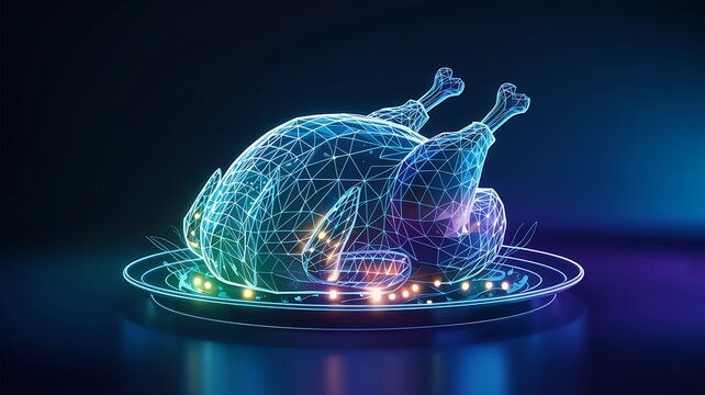 Futuristic glowing neon wireframe hologram of a whole roasted turkey on a serving platter with colorful lights