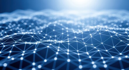 Abstract digital background with glowing blue particle wave surface creating a dynamic, futuristic, and technological landscape under a deep blue sky or water surface, suitable for data visualization 