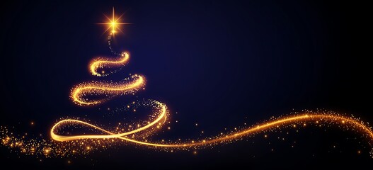Abstract glowing golden christmas tree silhouette formed by swirling light trails and sparkling particles on a dark blue background