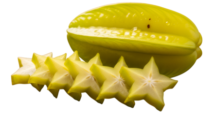 Vibrant whole yellow carambola fruit with neatly sliced, star-shaped pieces, highlighting its unique form and juicy texture, isolated on a clean transparent background