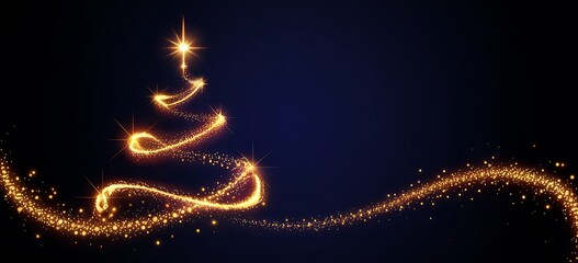Obraz premium Abstract glowing golden light particles forming a swirling christmas tree shape on a dark blue background with copy space