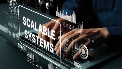 Hands Typing on Laptop with Overlaid Graphics Illustrating Scalable Systems and Data Analysis Concepts in Modern Workspace. Asymptotic smart data analytic.
