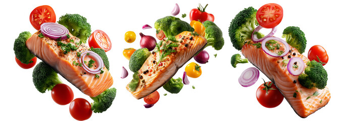 Grilled salmon fillet with tomato, broccoli, and onion, isolated on white background, concept of healthy food