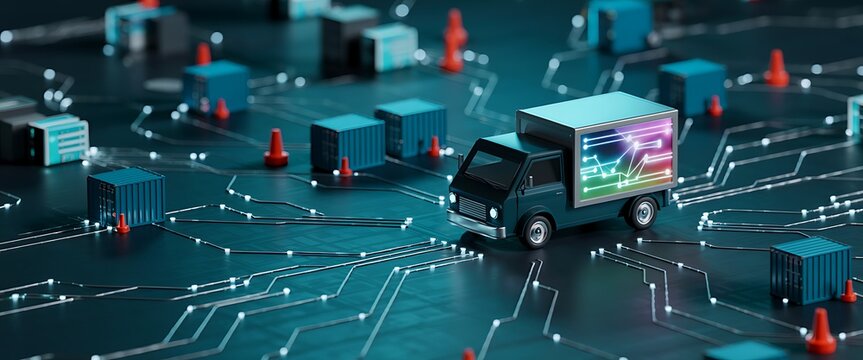 Futuristic autonomous delivery truck navigating a glowing digital city grid with interconnected data pathways and abstract buildings