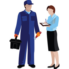Male Repairman in Blue Overalls Holding Toolbox and Wrench Consults With Female Colleague Holding Clipboard and Pen on Transparent Background