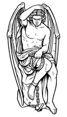 Pensive fallen angel or demon figure with wings and a broken chain, rendered in a detailed classical engraving or line art style.