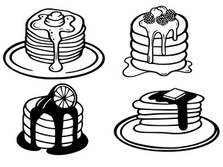 Set of four stacked pancakes with dripping syrup, butter, berries, and lemon, rendered in a bold black and white line art style.