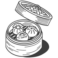 Assorted Dim Sum dumplings and buns steaming in an open traditional bamboo basket. Detailed line art illustration for Chinese, Cantonese, and Asian cuisine concepts.