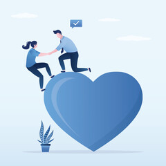 Confident man helping friend to climb on big heart shape. Woman and a man find love. Mentor teaches positive thinking and love for others.