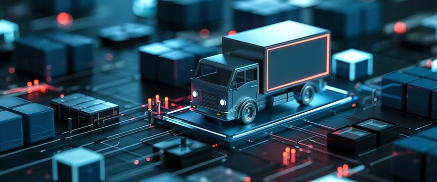 Futuristic digital logistics network with autonomous truck navigating a neon lit circuit board cityscape
