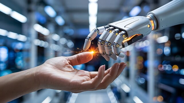 Close up of a human hand reaching out to a robotic arm with a glowing connection symbolizing the future of artificial intelligence and technology - Powered by Adobe