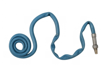 Blue air hose coiled and stretched with metal quick connector, pneumatic tube for compressed air tools