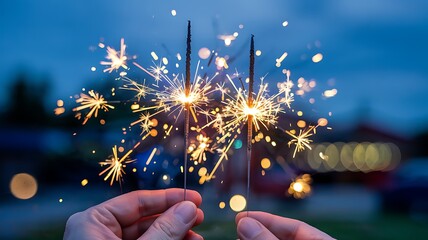 Close up of hands holding burning sparklers at dusk creating a magical shower of golden sparks against a blurred blue sky background