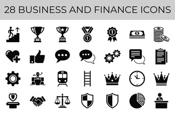 Set of 28 various professional fields and concepts icons representing medicine, travel, finance, science, and more