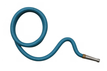 Garden hose with nozzle, blue coiled water pipe for watering plants and garden care, transparent background