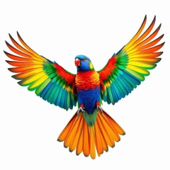 Fototapeta premium Vibrant rainbow lorikeet parrot bird flying with wings spread wide isolated on white background
