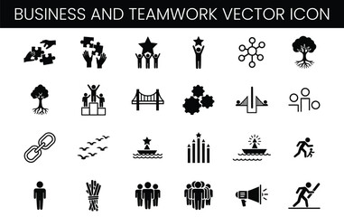 Business and teamwork vector icon set showing collaboration, success, leadership, connection, and growth concepts