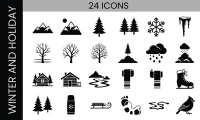 Collection of 24 black and white winter and holiday icons including mountain, tree, snowflake, cabin, boot, and scarf