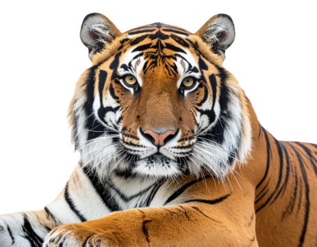 Tiger face close up isolated on white background, transparent PNG