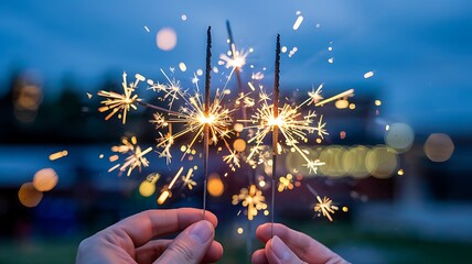 Close up of hands holding multiple sparkling fireworks at dusk creating a magical display against a blurred background