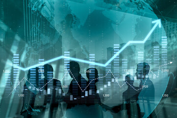 A dynamic scene showing business professionals discussing strategies with a digital growth graph overlay, symbolizing collaboration and financial success in a modern office environment. Scalp