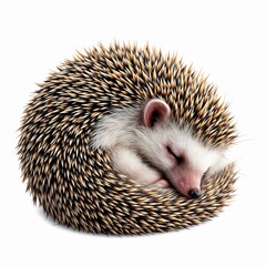 Fototapeta premium Cute small hedgehog curled up sleeping peacefully isolated on white background