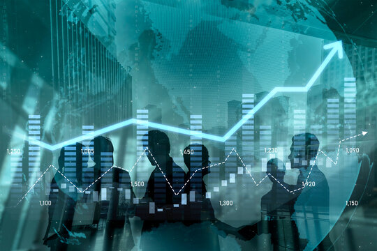 A dynamic scene showing business professionals discussing strategies with a digital growth graph overlay, symbolizing collaboration and financial success in a modern office environment. Scalp - Powered by Adobe